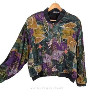 Vintage Floral Bomber Jacket L Mutlicolor Purple Embroider Indie Artsy 90S Avant